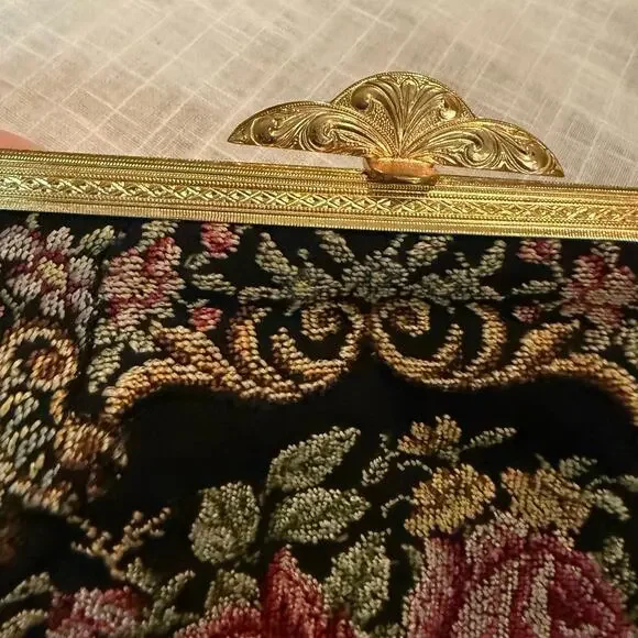 Vintage Petit Point Evening Bag β’ Ornate Clasp β’ Floral Front β’ 8.5β Wide - Picture 13 of 13